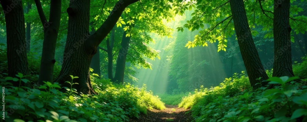 Obraz premium Dense emerald canopy, sunlight dappling forest floor, plant life, growth