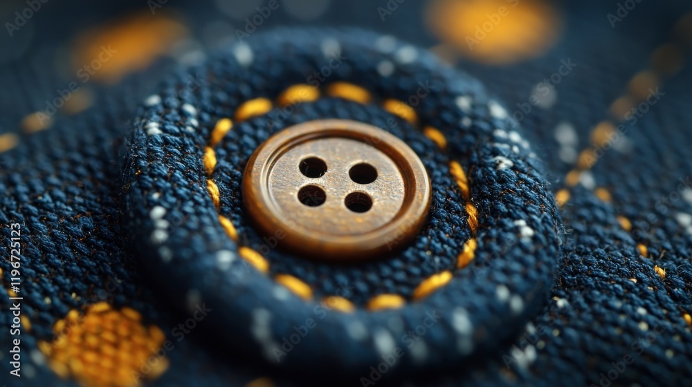 Detailed Close-up of a Dark Blue Denim Button with Orange Stitching. Macro Photography of Fashion Clothing Texture and Detail. Round Brown Button with Four Holes. Soft Focus Background Detailed Close-up of a Dark Blue Denim Button with Orange Stitching. Macro Photography of Fashion Clothing Texture and Detail. Round Brown Button with Four Holes. Soft Focus Background