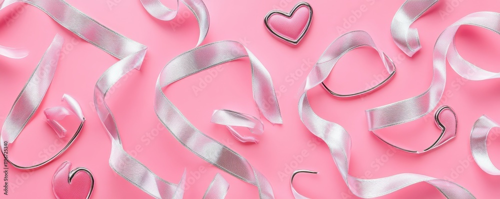A pink background with a heart-shaped silver ribbon border, designed for Valentine's Day, birthday, or Mother's Day greeting cards. Love concept, flat lay, top view. A pink background with a heart-shaped silver ribbon border, designed for Valentine's Day, birthday, or Mother's Day greeting cards. Love concept, flat lay, top view.