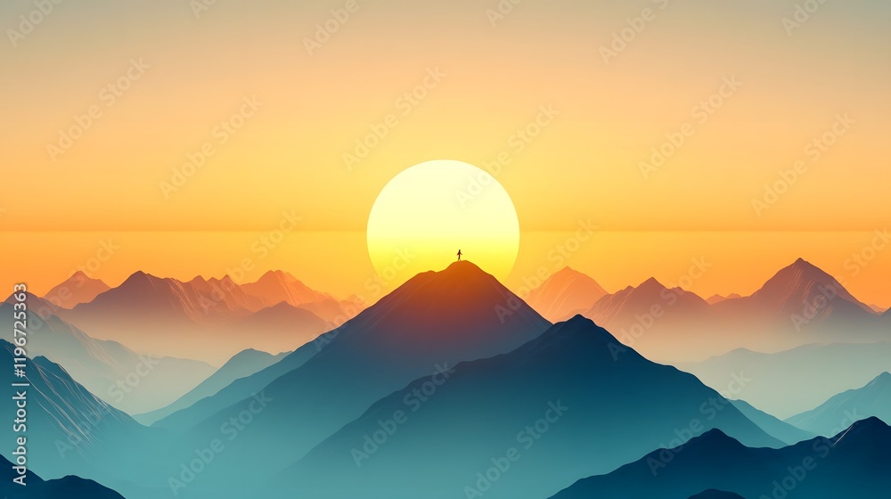 Lone Traveler Reaching the Motivational Summit of Expansive Mountain Landscape at Sunrise Lone Traveler Reaching the Motivational Summit of Expansive Mountain Landscape at Sunrise