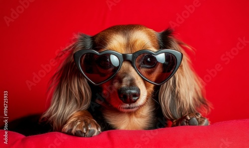 A frustrated dachshund with dark heart-shaped glasses on a red backdrop, symbolizing emotional detachment in relationships.