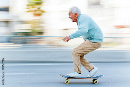 Elderly man enjoying a ride on a skateboard in casual attire photo