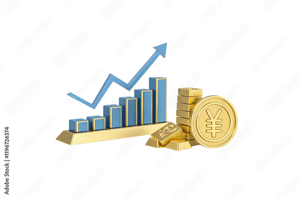 A blue bar chart with a rising arrow symbolizes economic growth, accompanied by gold bars and yen coins for wealth representation. Isolated on a transparent background A blue bar chart with a rising arrow symbolizes economic growth, accompanied by gold bars and yen coins for wealth representation. Isolated on a transparent background