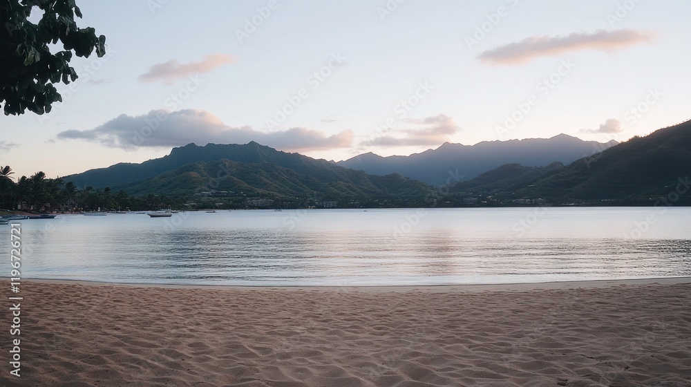 Serene sunset over calm bay, sandy beach, and distant mountains. Serene sunset over calm bay, sandy beach, and distant mountains.