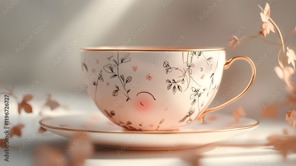 Charming Hand-Drawn Kawaii Teacup with Doodled Leaves and Calming Backdrop Charming Hand-Drawn Kawaii Teacup with Doodled Leaves and Calming Backdrop