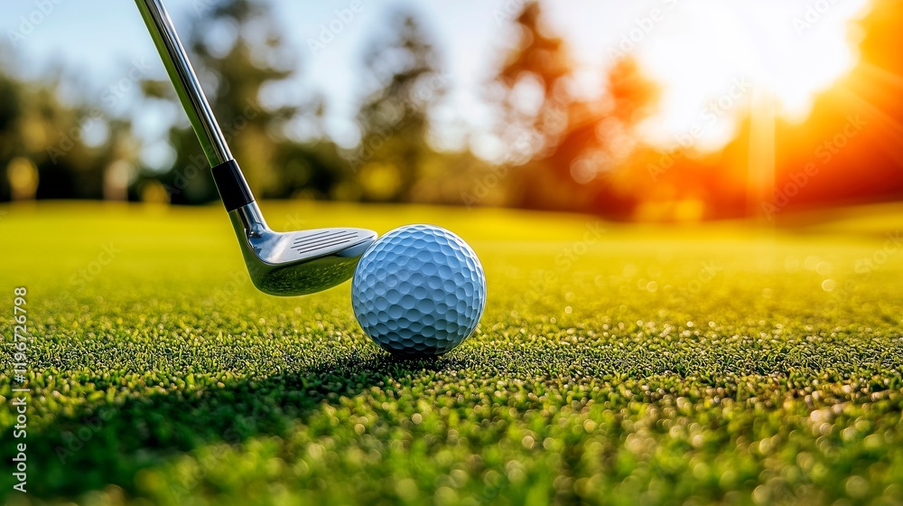 Fototapeta premium Sunset golf tournament highlights player preparing for a crucial swing on the lush fairway