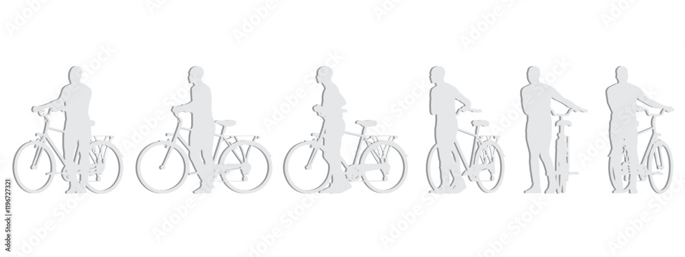 Obraz premium Vector concept conceptual gray paper cut silhouette of a man riding a bicycle from different perspectives isolated on white. A metaphor for sport, fitness, competition, health, leisure and lifestyle