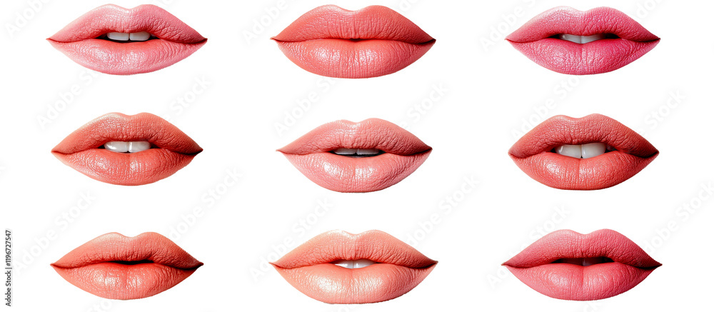 Obraz premium PNG collection of pink lips showing various subtle expressions on a white background