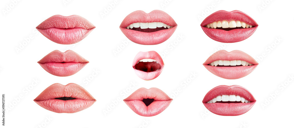 PNG Set of pink lips showcasing different expressions isolated on a white background PNG Set of pink lips showcasing different expressions isolated on a white background