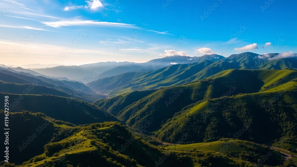 Stunning Aerial View of Lush Green Mountains under a Bright Blue Sky Scenic Landscape Photography Breathtaking Nature Image Perfect for Travel and Stunning Aerial View of Lush Green Mountains under a Bright Blue Sky Scenic Landscape Photography Breathtaking Nature Image Perfect for Travel and