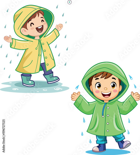 Happy children wearing raincoats and enjoying rain