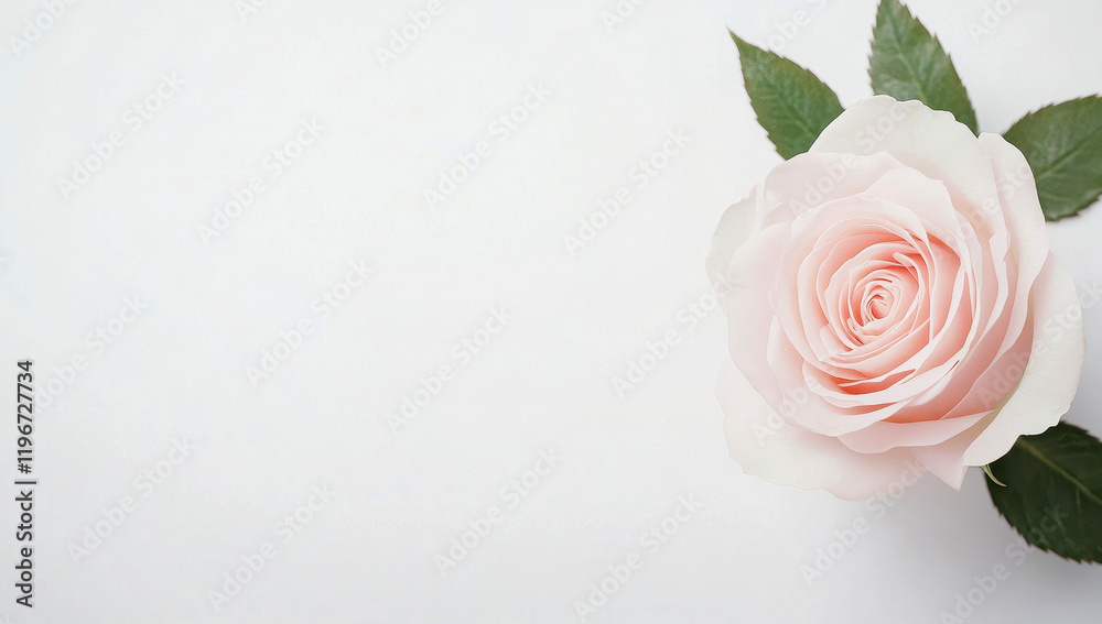 Soft pink rose with green leaves on a clean white background Soft pink rose with green leaves on a clean white background