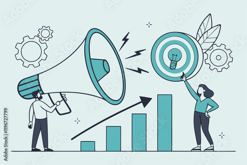 Business concept, marketing strategy, teamwork, giant megaphone, lightbulb idea, target with arrow, growth chart, speech bubbles, miniature people, flat design illustration, pastel blue background, co