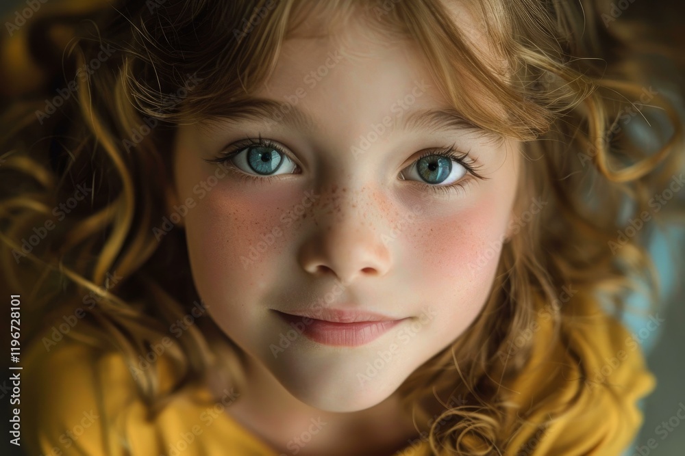 Close up portrait of a smiling child with beautiful blue eyes and freckles, wearing a yellow shirt Close up portrait of a smiling child with beautiful blue eyes and freckles, wearing a yellow shirt