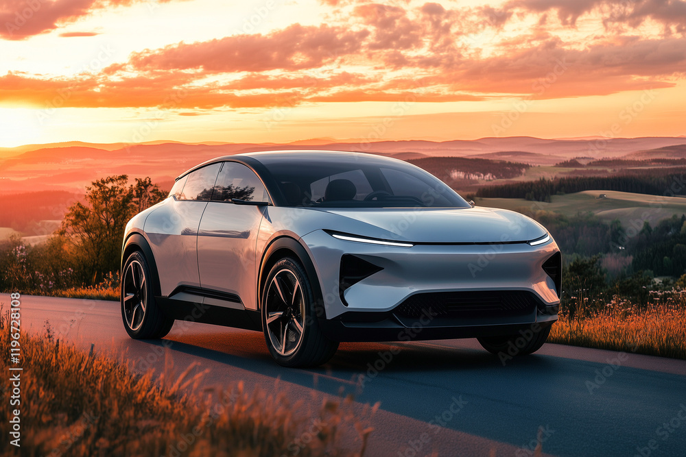 Naklejka premium Futuristic self-driving electric vehicle cruising on scenic highway during golden hour