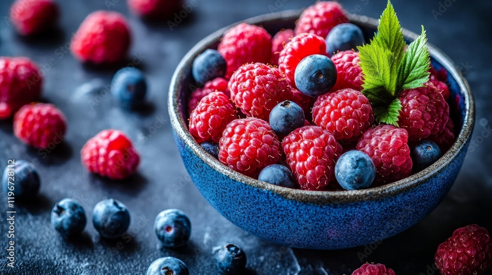A bowl filled with fresh berries and raspberry purée A bowl filled with fresh berries and raspberry purée