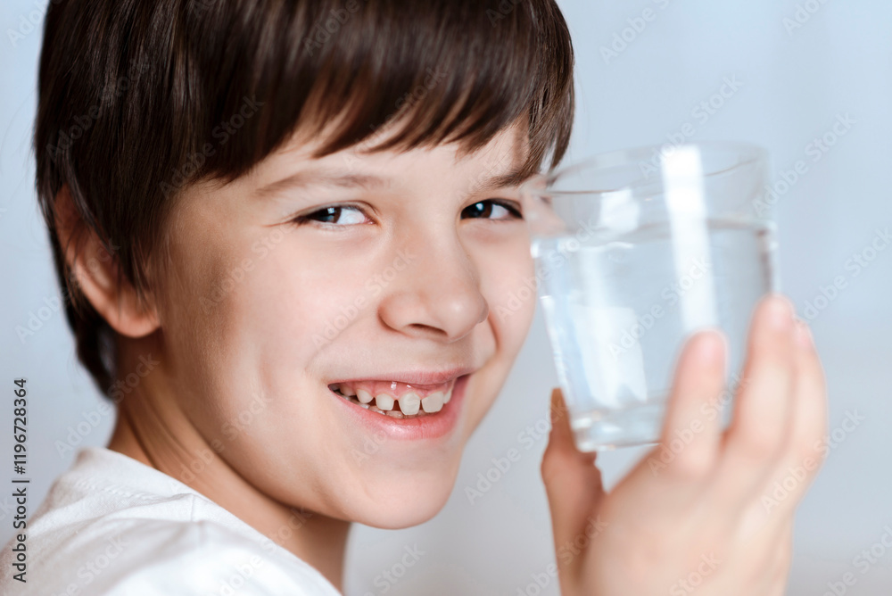 Cute child drinking water from a glass at home Cute child drinking water from a glass at home