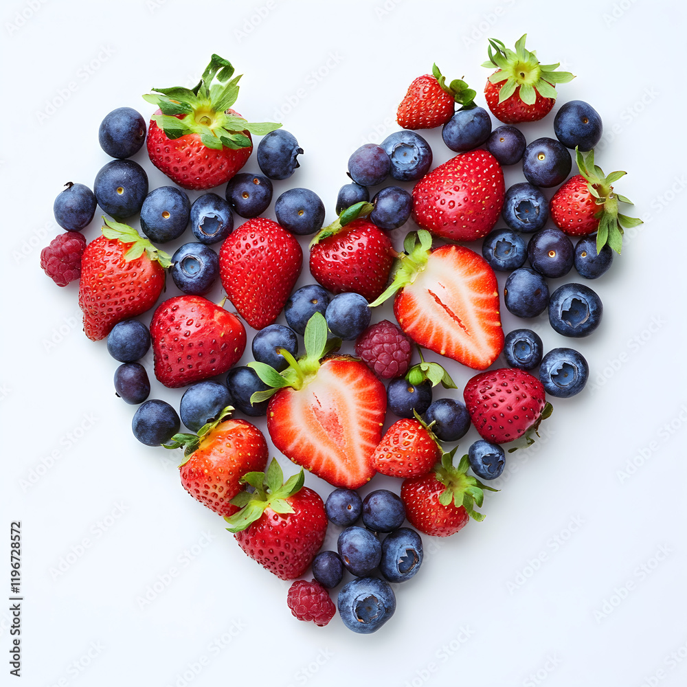 A heart formed by fresh fruits like strawberries and blueberries A heart formed by fresh fruits like strawberries and blueberries