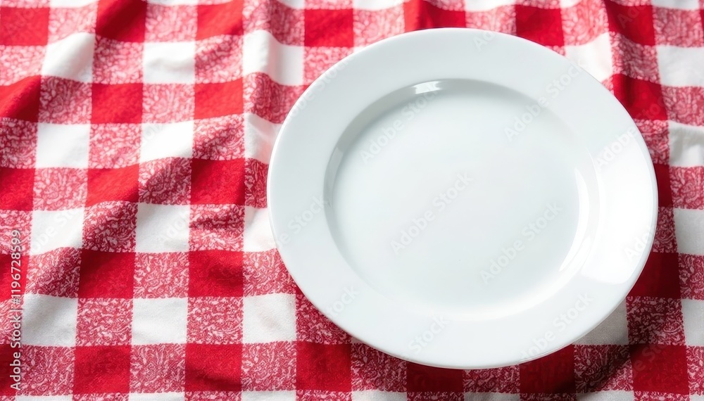 Gleaming white plate on red & white checkered cloth , vibrant, food Gleaming white plate on red & white checkered cloth , vibrant, food