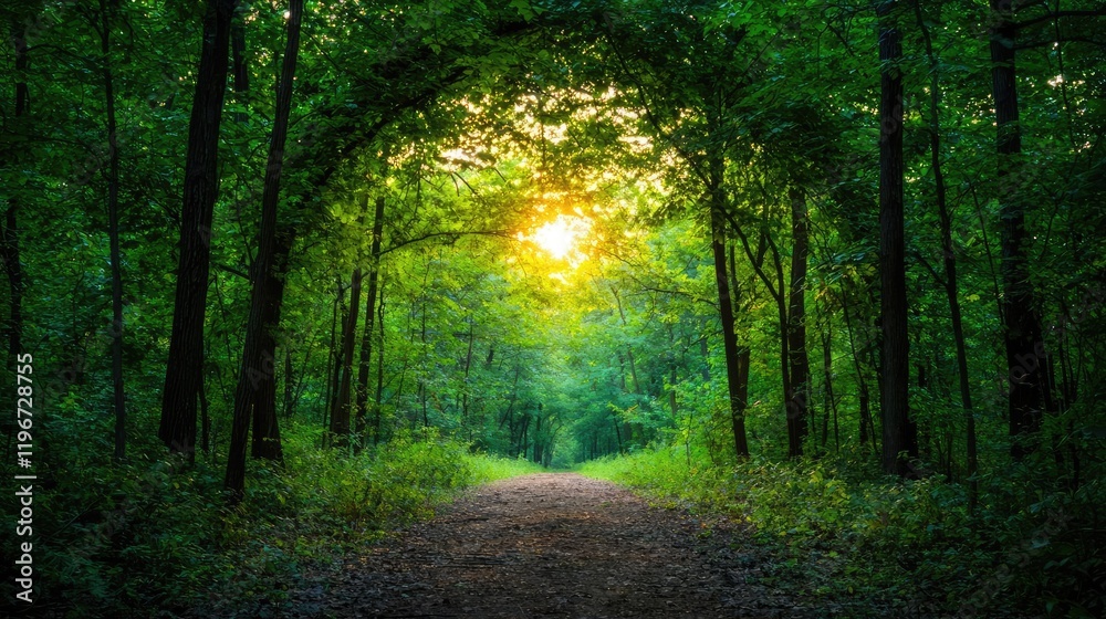Obraz premium Forest path sunset, nature walk, tranquil woods, scenic background, ideal for travel brochures