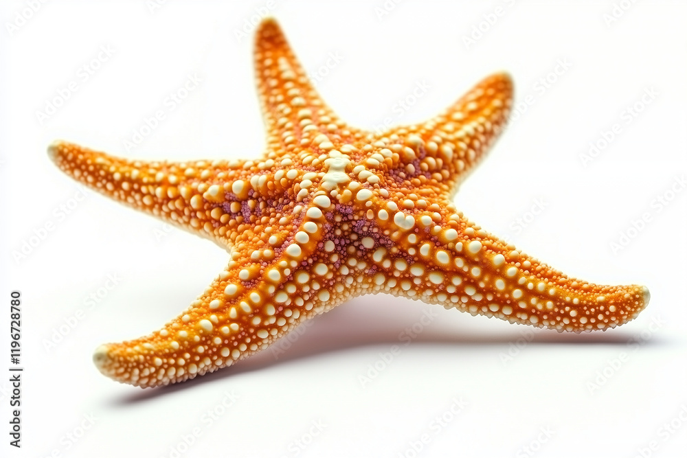 Orange starfish with small white and pink dots is laying on a white background Orange starfish with small white and pink dots is laying on a white background