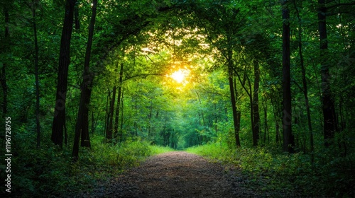 Wallpaper Mural Forest path sunset, nature walk, tranquil woods, scenic background, ideal for travel brochures Torontodigital.ca
