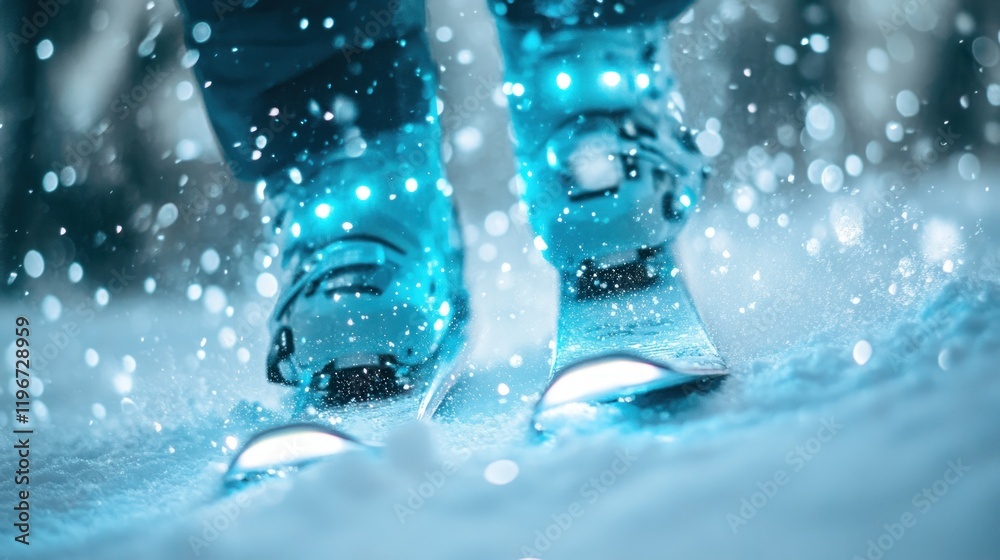 Illuminated ski boots on snowy slope. Illuminated ski boots on snowy slope.