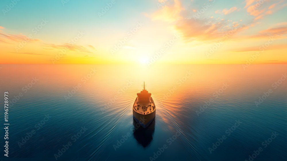 Obraz premium Glowing Ship Navigating Serene Ocean Toward Radiant Horizon Goals