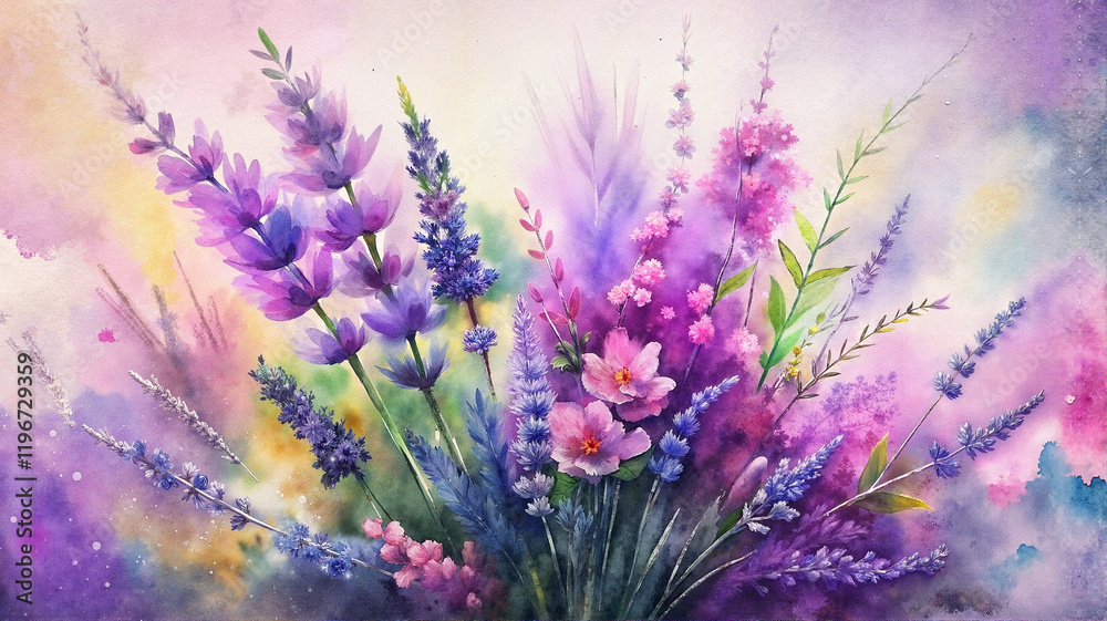 Fototapeta premium Vibrant watercolor bouquet of lavender