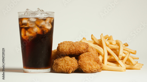 Classic Comfort Food: A quintessential American indulgence, crispy golden chicken nuggets, perfectly golden fries, and a refreshing glass of cola on ice, a perfect snapshot of casual dining delight. photo