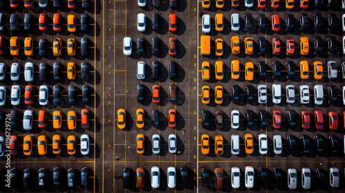 Drone Top View of a Modern Parking Lot with Electric Cars. Electric mobility and sustainable cities. Urban planning presentations highlighting eco-friendly solutions. photo