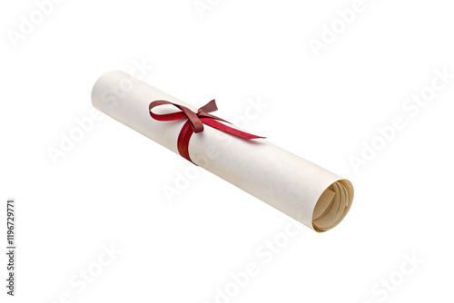 A simple rolled parchment tied with a thin red ribbon, minimalistic and symbolic of an academic or professional accomplishment, isolated on a transparent background