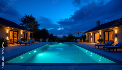Tranquil evening at a luxurious poolside retreat.  Lighted pool and patio furniture under a twilight sky.