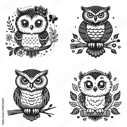 Owl birds Barn Owl baby Owl logo vector set icon clipart illustration & drawing black & white silhouette