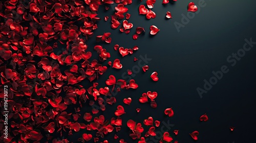 A dark background with red heart-shaped petals cascading down the left side