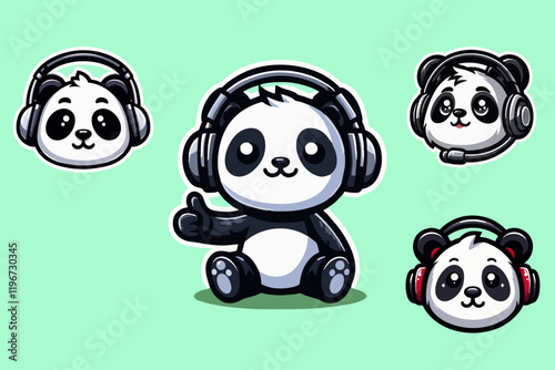 this is a mascot logo bundle icon of a panda wearing headphones on his head suitable for mascot logos for book companies, ice cream, doll shops, accessories, photo studios, baby equipment