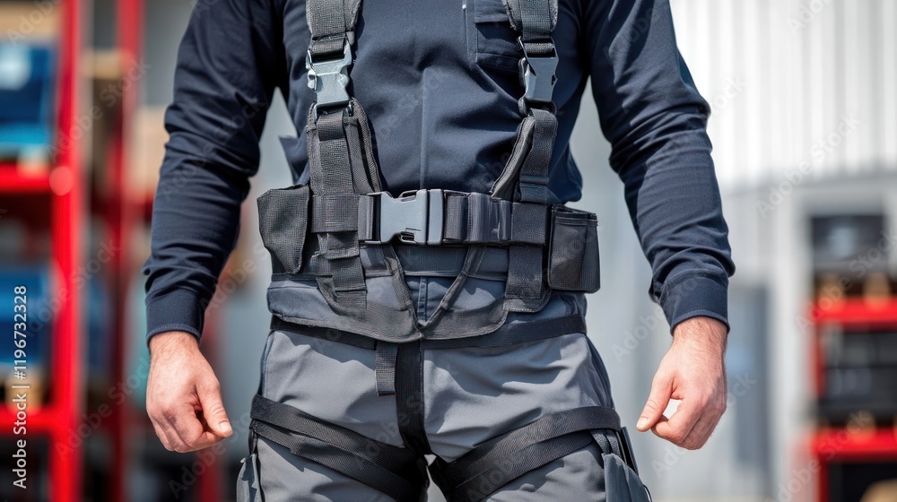 Man wearing a futuristic exoskeleton harness. Man wearing a futuristic exoskeleton harness.