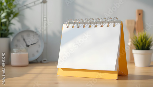 Blank desktop calendar mockup on table with flowers, minimalist home office scene. photo