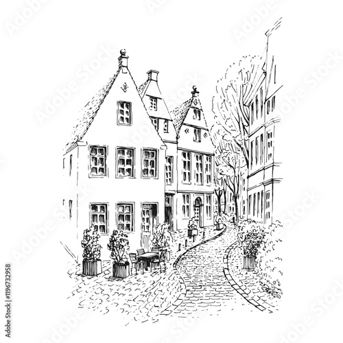 European street. Hand drawn vector illustration.