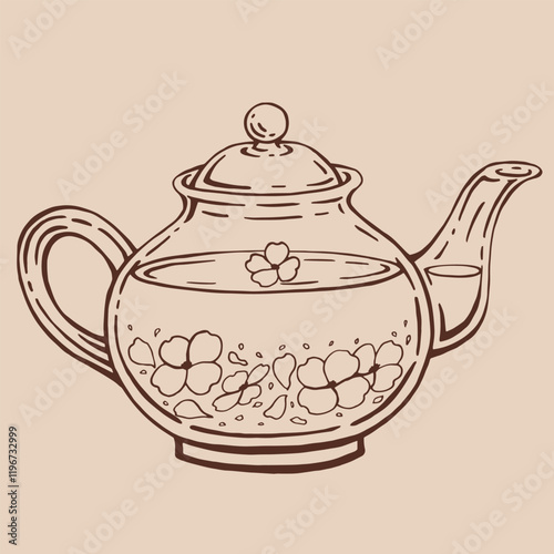 Teapot of tea with jasmine. Hand drawn vector illustration in outline style.