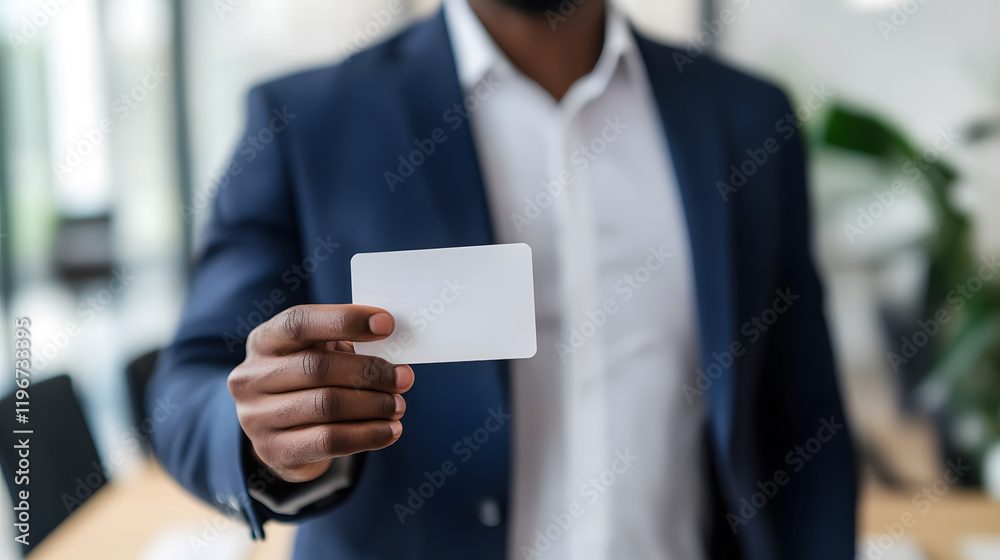 Professional Man Holding an ID Card in a Modern Office Setting, Showcasing Confidence and Authority in a Stylish Outfit