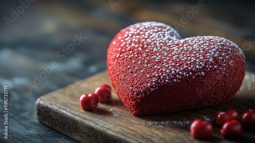 Red velvet heart cake, wooden board, dark background, Valentine's Day photo