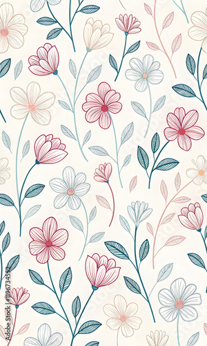 Floral Seamless Pattern Design with Flowers and Leaves for Textile and Wallpaper Decoration