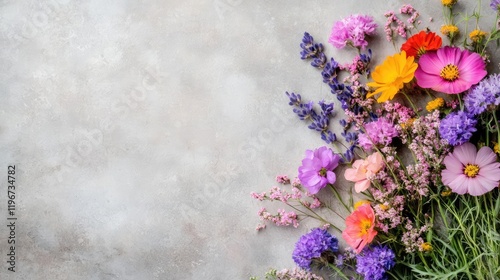 Colorful wildflowers arranged on grey background; ideal for greeting cards or websites photo