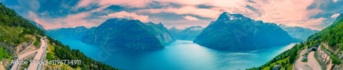 Obraz na płótnie Panoramic view from above of the fjord. Beautiful Geirangerfjord at sunset, Hellesylt Norway Europe w salonie