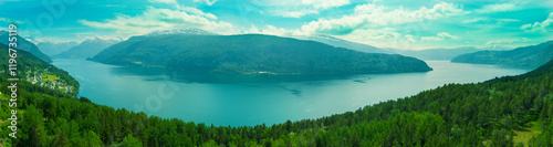 Obraz na płótnie Panoramic view from above of the fjord. Innvikfjorden near Stryn, Norway, Europe w salonie