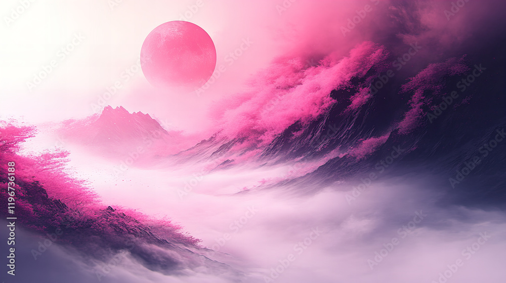 Fototapeta premium surreal landscape features pink mountains and large pink sun, creating dreamlike atmosphere. scene is filled with vibrant colors and mist, evoking sense of wonder and tranquility