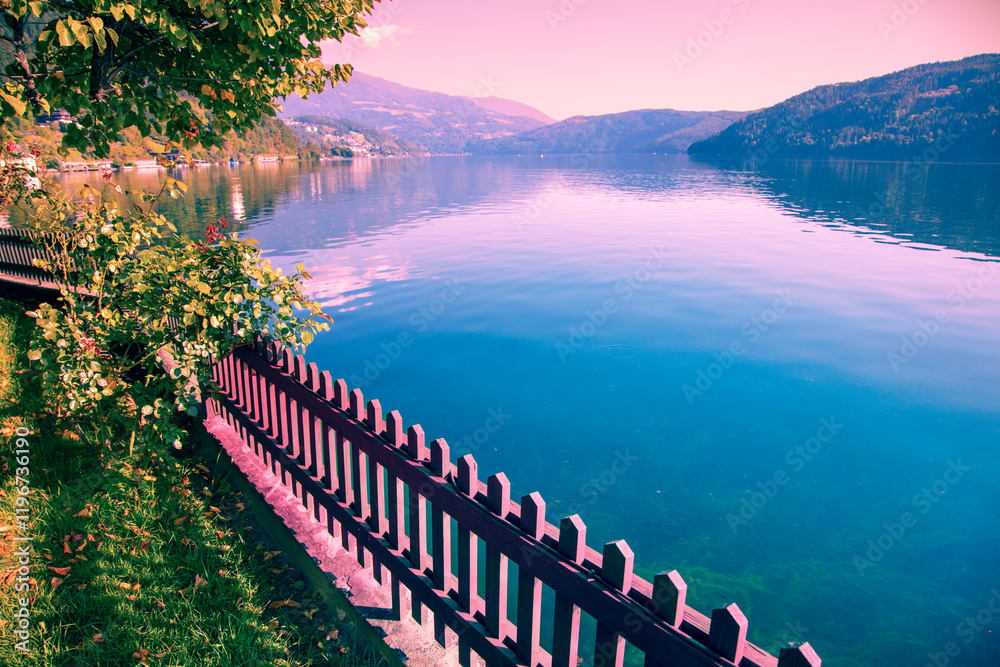 View of a mountain lake in autumn. Millstatt am See, Lake Millstatt in Carinthia, Austria, Europe