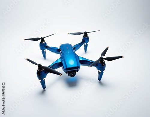 A vibrant blue drone with four propellers and a camera, showcased against a clean white backdrop. photo