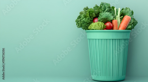 Reducing food waste fresh vegetables in a green trash bin urban setting still life